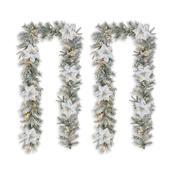 Glitzhome® 2 Pack 9ft. Pre-Lit Snow Flocked Greenery Pine Poinsettia Christmas Garland
